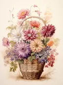 Stilleven met een rieten mand vol kleurrijke margrieten en bloesemtakjes.