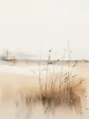 Waterverf landschap van een rietoever met kale bomen bij een rustig water.