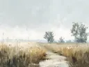 Schilderij van een pad door een rietveld in de mist