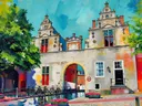 Riga, house of blackheads in kleurrijk modern, schilderij van Riga