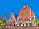 Riga, Zwarthoofdenhuis in cartoonstijl, schilderij van Riga
