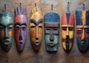 Rij van zes houten tribale maskers aan een muur