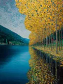 Rij hoge bomen met goud- en blauwgestippelde bladeren aan de oever van een meer, met reflectie in het water.