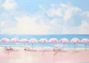 Schilderij van een rij roze strandparasols op een leeg strand met blauwe zee