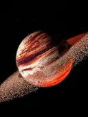 Digitale illustratie van een planeet met een brede ring tegen een zwarte sterrenhemel.