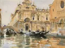 Rio dei Mendicanti, Venice van John Singer Sargent: stad met Venetië, gracht, gondels en paleis, in licht oker en grijsblauw