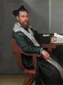 Riratto di dottore van Giovanni Battista Moroni: portret met man, baard, hoed en brief, in warm bruin en grijs