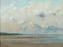 Rivage de Normandie, par van Gustave Courbet: zee met strand, zee, wolken en kust, in gedempt blauw en zand