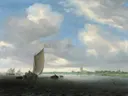 River landscape with a wijdship and other vessels van Salomon van Ruysdael: landschap met rivier, zeilschepen, water en wolken, in zilvergrijs en blauw