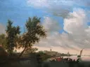 River Landscape with Castle Nijenrode van Salomon van Ruysdael: landschap met rivier, bomen, kasteel en wolken, in helder blauw en groen