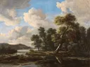 River landscape with wooded banks van Jacob van Ruisdael: landschap met rivier, bomen, wolken en oever, in blauw en warm groen