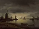 River Scene with Windmill and Boats, Evening van Anthonie van Borssom: landschap met molen, boten, water en avond, in gedempt grijsblauw