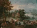 River with people and cattle van Théobald Michau: landschap met rivier, boten, bomen en dorp, in groen, bruin en blauw