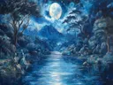 Schilderij van een rivier in het maanlicht omgeven door bos en bergen