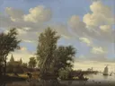 Rivier landschap met veerpont van Salomon van Ruysdael: landschap met rivier, veerboot, kerk en bomen, in gedempt groen en blauw