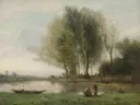 Rivier met schuit en populieren van Jean-Baptiste-Camille Corot