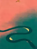 Schilderij van rivier van bovenaf in petrol en koraal, in vlakke kleurvlakken
