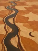 Schilderij van rivier van bovenaf in terracotta en zand, in vlakke kleurvlakken