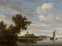 Riviergezicht met een kerk en een veerboot van Salomon van Ruysdael: landschap met rivier, kerktoren, veerboot en bomen, in gedempt groen met blauw