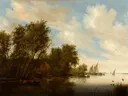 Riviergezicht met een man die op eenden jaagt van Salomon van Ruysdael: landschap met rivier, bomen, zeilboten en wolken, in warm groenbruin met blauw