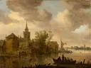 Riviergezicht met kerk en boerderij van Jan van Goyen: landschap met rivier, kerktoren, boerderij en boot, in warm okerbruin