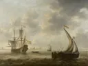 Riviergezicht met schepen van Jacob Adriaensz Bellevois: zee met schepen, water, wolken en zeilen, in gedempt grijsblauw