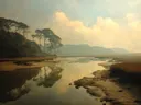Schilderij van een rivierkreek bij gouden avondlicht