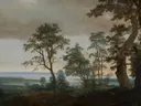 Rivierlandschap gezien door bomen van Cornelis Vroom: landschap met rivier, bomen, wolken en oever, in gedempt groengrijs