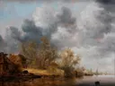 Rivierlandschap met boerderijen en enkele figuren van Salomon van Ruysdael: landschap met rivier, oever, bomen en wolken, in warm bruin met grijsblauw