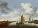 Rivierlandschap met zeilboten en een trekschuit van Salomon van Ruysdael: landschap met rivier, zeilboten, trekschuit en water, in zacht blauw en beige