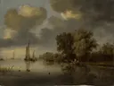 Rivierlandschap van Salomon van Ruysdael: landschap met rivier, zeilboten, water en wolken, in gedempt grijsblauw
