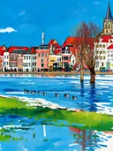 Rivieroever met eenden in vlakke acryl, schilderij