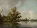 Rivieroever met oude bomen van Salomon van Ruysdael: landschap met rivier, oude bomen, water en wolken, in gedempt groenbruin