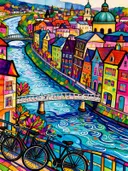 Rivierstad in bonte kleuren, schilderij