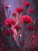 Schilderij van robijnrode anjers in een roze schemerlandschap