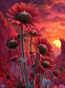 Schilderij van robijnrode bloemen bij zonsondergang in de bergen
