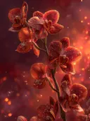 Schilderij van robijnrode orchideeen met sterrenstof tegen een donkere gloeiende achtergrond