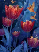 Schilderij van rode tulpen met kolibries voor een blauwe kristallen bergwand