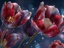 Schilderij van robijnrode tulpen met dauwdruppels op een donkere achtergrond