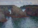Rocks at Port Goulphar, Belle Île van Claude Monet: zee met rotsen, zee, kust en golven, in blauw en violet