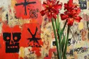 Rode amaryllis bloemen naast schedelsymbool en kruis op rood-crème achtergrond