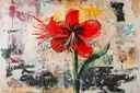 Realistische rode amaryllis tegen beige graffiti achtergrond met teal krabbel