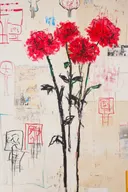Schilderij van rode pompon-anjers met zwarte stelen tussen graffiti-stempels op crème achtergrond