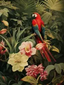 Rode ara papegaai op een tak boven tropische bloemen in donkergroene jungle.