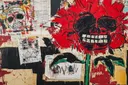 Grote rode bloem met schedelvormig hart en graffiti schedel op collage-achtergrond