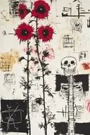 Schilderij van rode bloemen op zwarte stelen naast een geschetst skelet op crème achtergrond