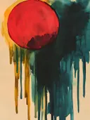 Abstract schilderij met een rode cirkel en druipende teal en gele verf