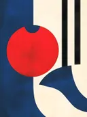 Rode cirkel met blauwe vormen op crème, abstract schilderij