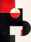 Abstract schilderij met rode cirkel en zwarte geometrische vlakken