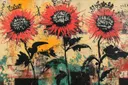 Drie rode stekelige dahlia's met zwarte bladeren en kroontjes op crème achtergrond